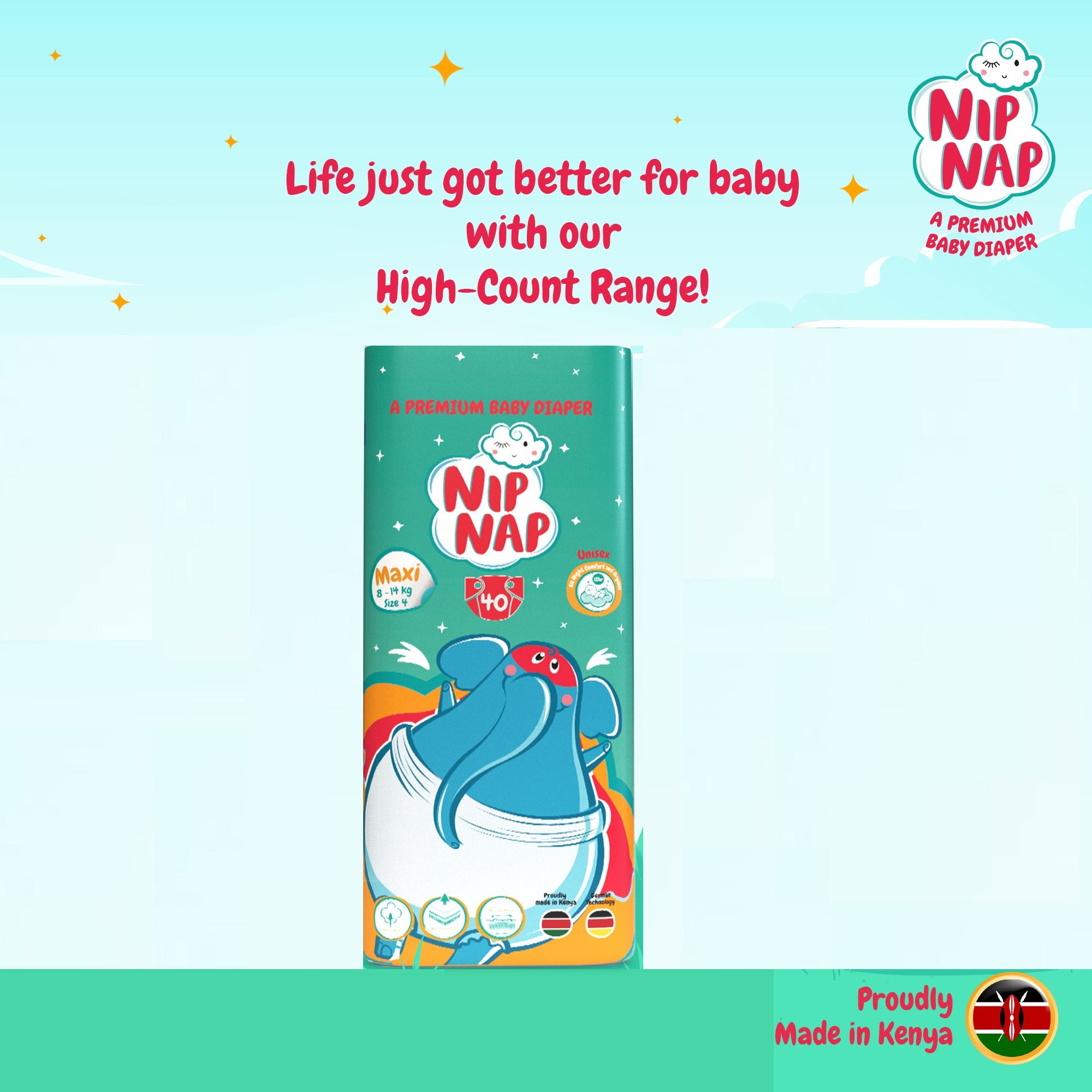 NIPNAP High Count Premium Baby Diapers Maxi 8 -14 Kgs (Count 40)